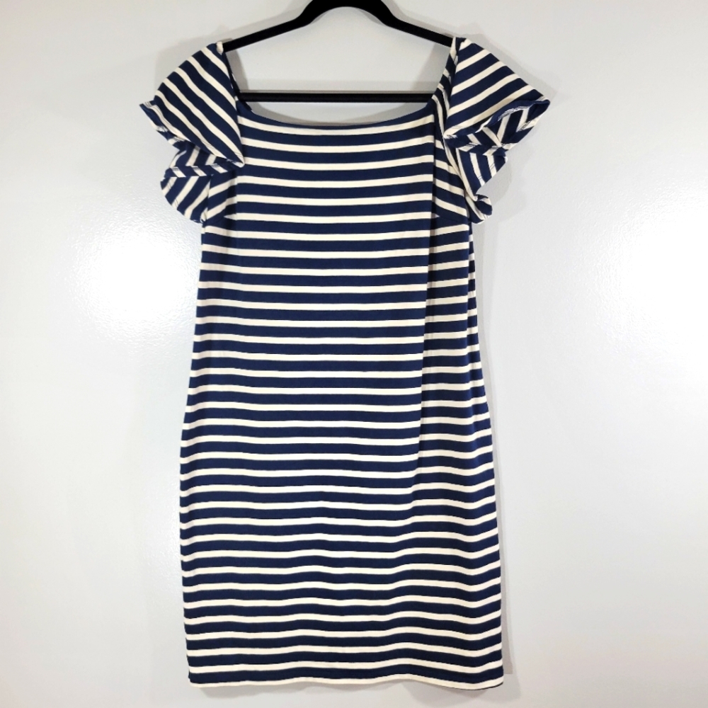 LAUREN RALPH LAUREN navy striped off shoulder flutter sleeve bodycon dress